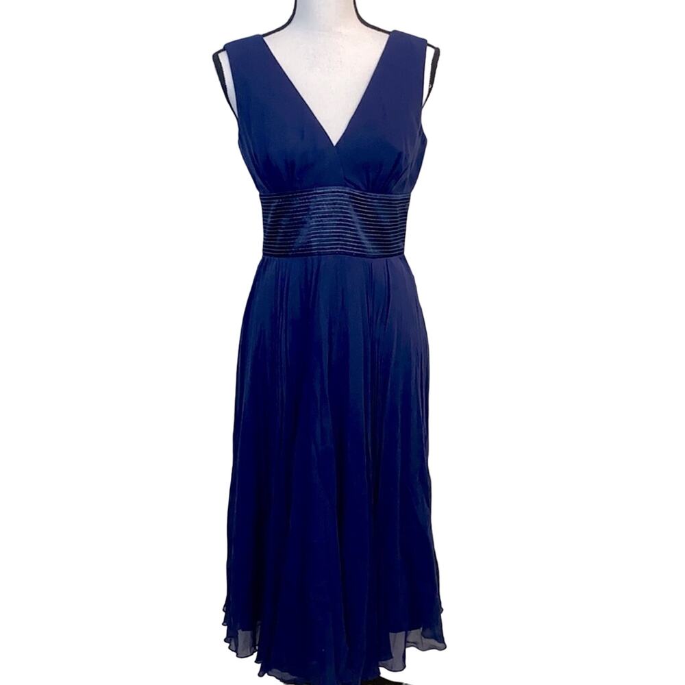 Max & Cleo Navy Silk Goddess Dress With Pleated Skirt Size 6